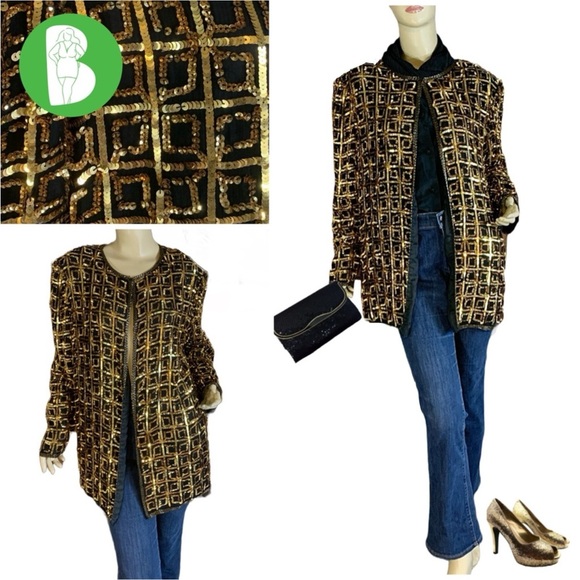 VINTAGE CIRCA 1980'S CARINA BLACK W/GOLD SEQUINS SILK OPEN-FRONT JACKET (XL) - Picture 1 of 12